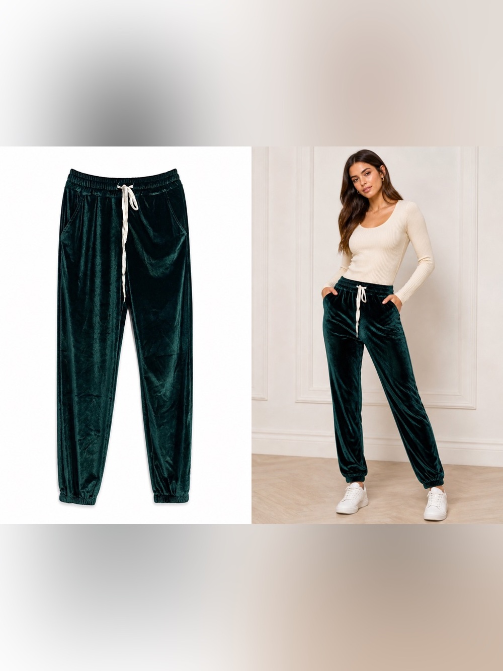 Velvet Drawstring Jogger Pants - Deep Green